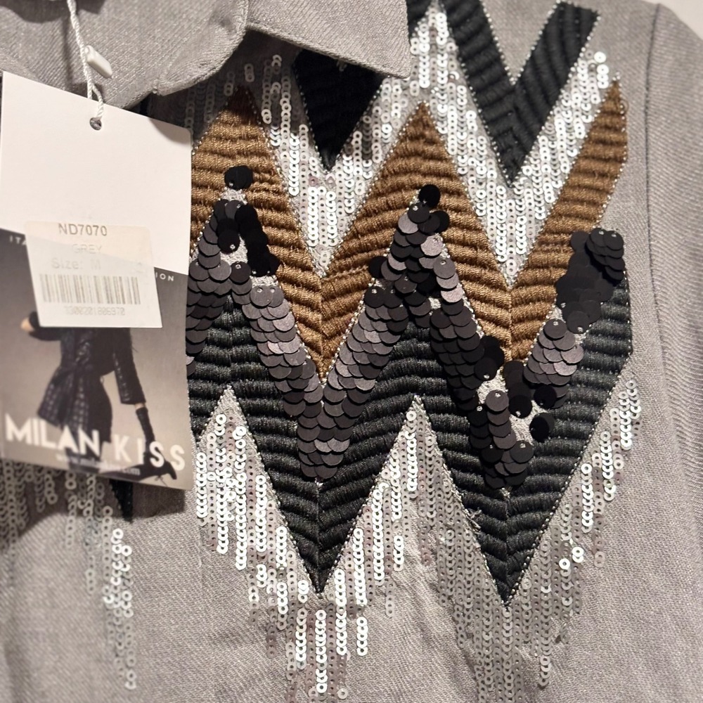 Milan Miss Gray Linen Blend Chevron Sequin Embellished Long Sleeve Shirt Tunic|M